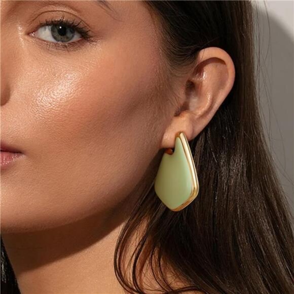Trending Green Geometric Earrings | 18K Gold Plated Statement Earrings - Picture 1 of 5